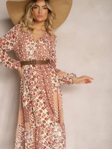 Rochie Midi Bej-Roz cu în Talie și Volan Besslia bej