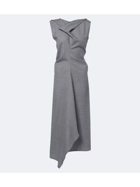 Rochie midi Victoria Beckham de lână asimetrică drapată gri