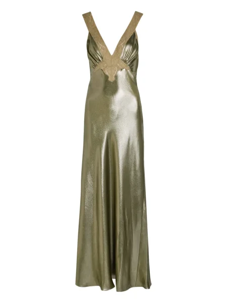 Sukienka maxi Saint Laurent z dekoltem w serek koronkowa garniturowa zielona