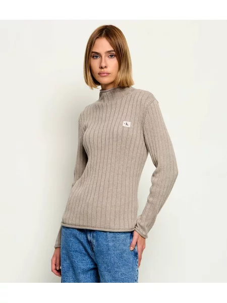Pulover Calvin Klein Jeans cu guler înalt bej
