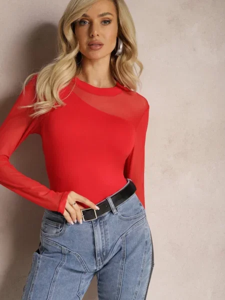 Asymetryczna Bluzka z Gładkiej z Rękawami z Siateczki Bangella czerwona