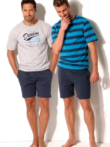 H.I.S Pijama scurtă turcoaz / albastru închis alb