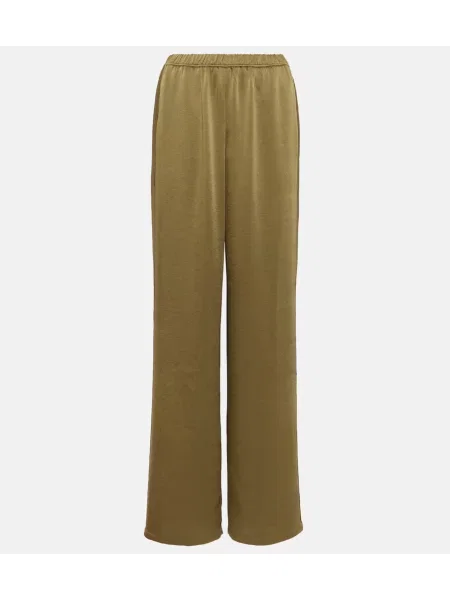 Pantaloni Vince cu talie joasă din satin verde