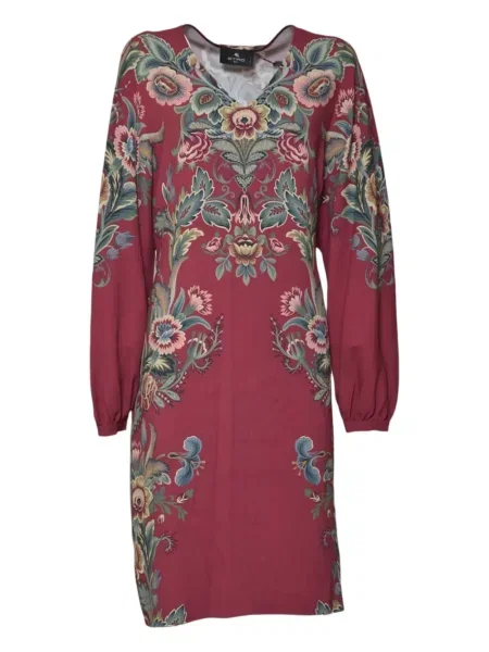 Rochie Etro cu model floral cu decolteu în V de costum roșu