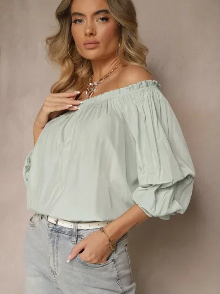 Bluzka z Wiskozą Ozdobiona Falbanami Melzivia niebieska