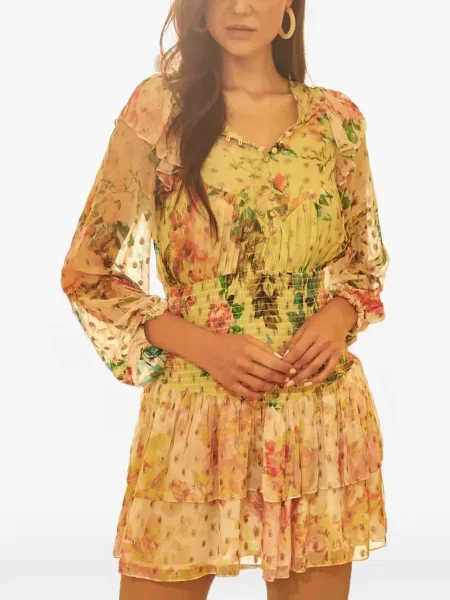 Rochie mini Hemant And Nandita cu model floral cu imagine de costum galben