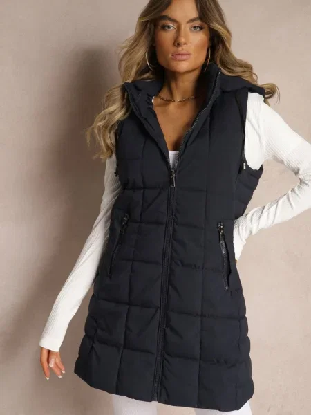 Kamizelka Ozdobiona Pikowaniem i Odpinanym Kapturem Atoria granatowa