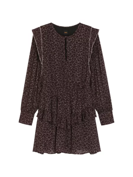 Rochie Boss cu model floral cu volane de costum maro