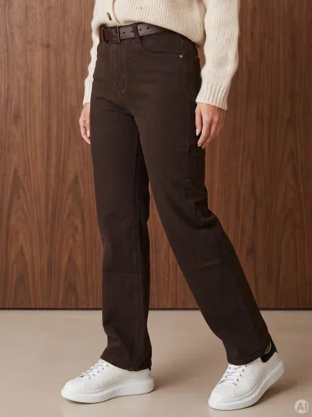 Szerokie jeansy wide leg z paskiem czekoladowe Dstreet