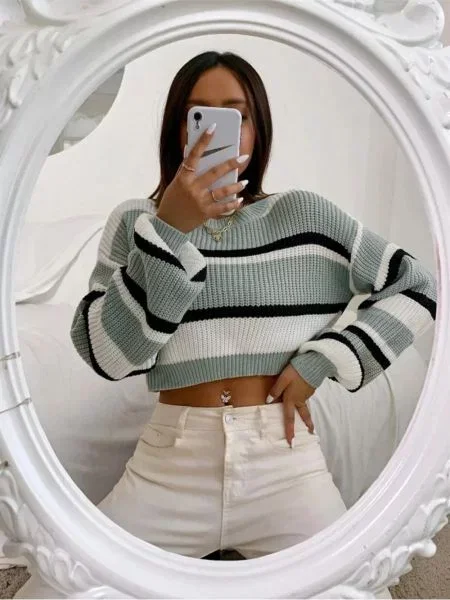 Cropp pulover Dewberry cu dungi tricotate verde