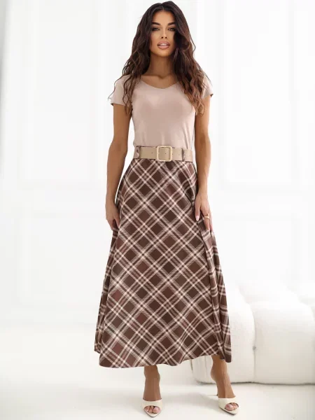 Fustă evazată Italy Moda în carouri evazat maro