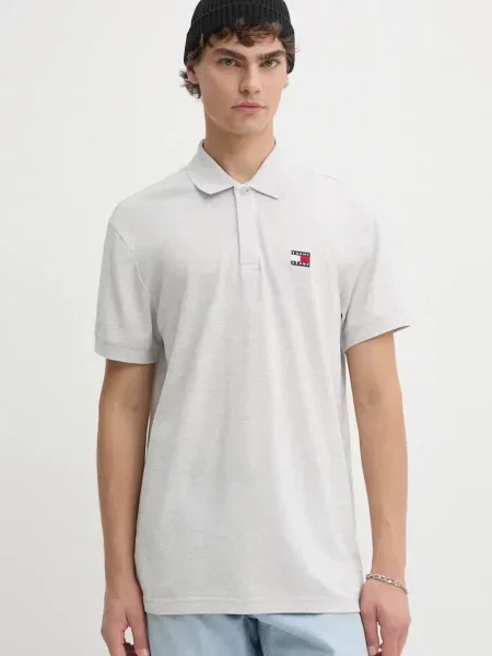 Тениска с яка Tommy Jeans с меланжов десен сиво