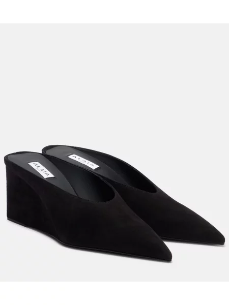 Papuci tip mules Alaïa din piele de căprioară cu pană negru