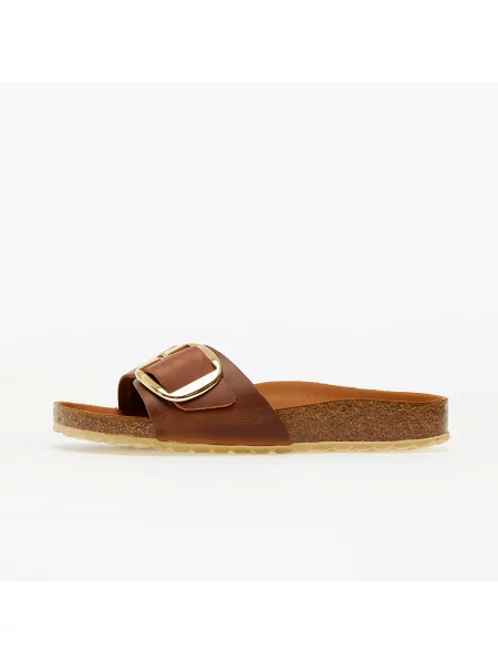 Klapki Birkenstock skórzane na sprzączkę na płaskim obcasie brązowe