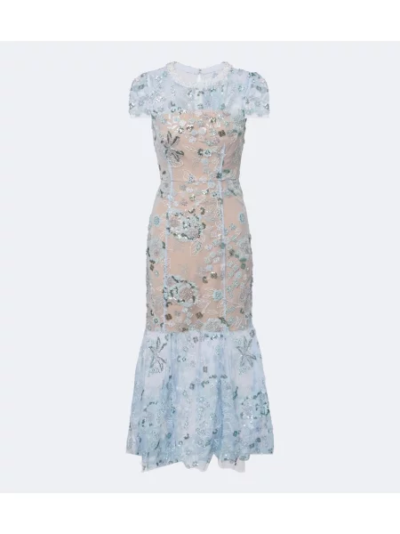 Rochie midi Self-portrait cu model floral din tul albastru