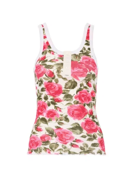 Top Chloé cu model floral cu imagine cu guler henley alb