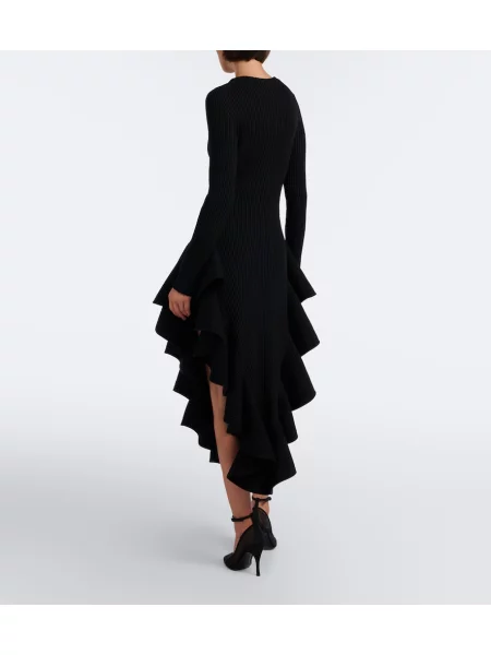 Rochie midi Alaïa de lână cu volane negru
