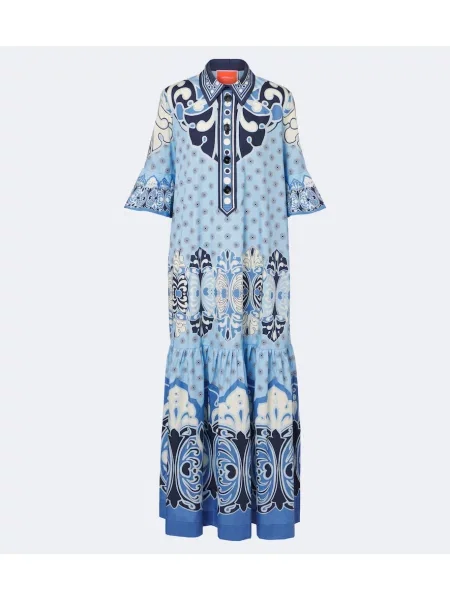 Rochie maxi La Doublej cu imagine din poplin albastru