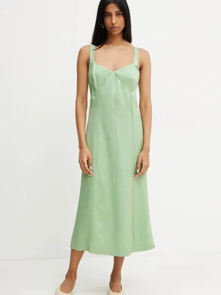 BOSS sukienka z domieszką lnu mini rozkloszowana zielony