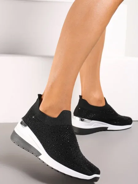Sneakerși Slip-On cu Pietre Strass pe Platformă Tireva negri