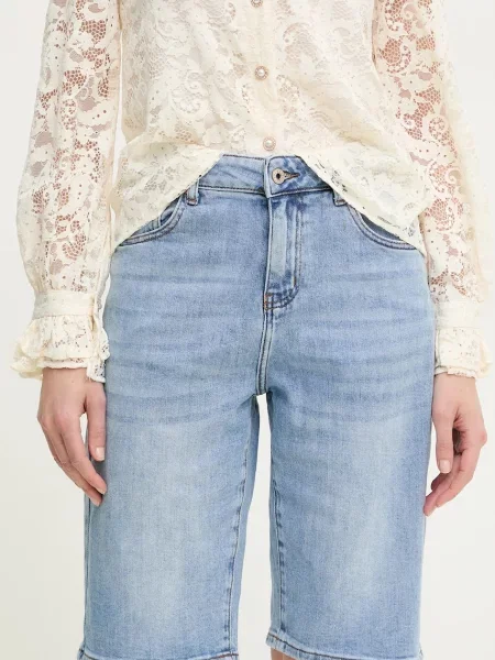 Дънков къс панталон Answear Lab с изчистен дизайн с висока талия синьо