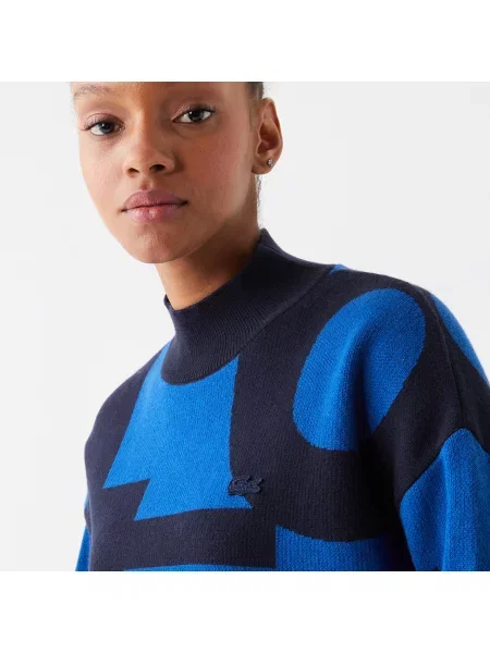 Lacoste Wzorzysty Sweter Z Golfem niebieski