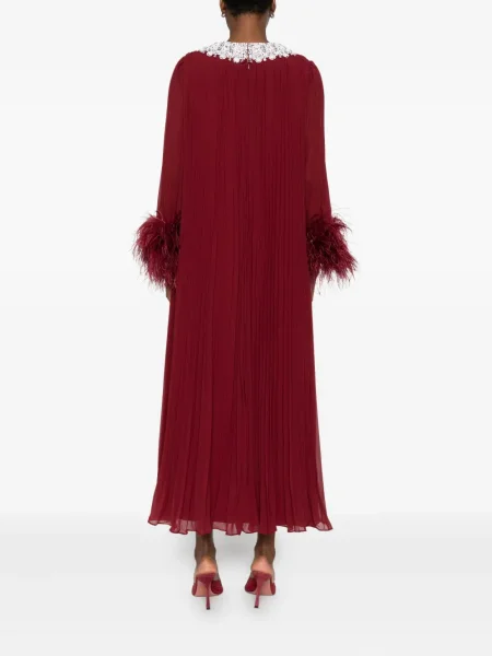 Rochie midi Self-portrait cu pene din șifon până la genunchi roșu