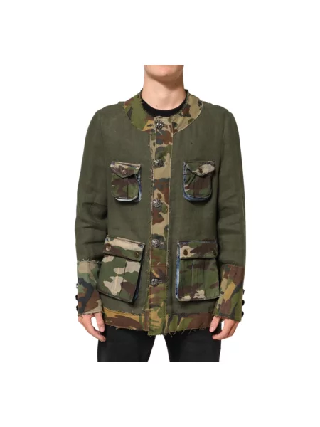Lniana kurtka puchowa Dolce And Gabbana w kamuflażu brązowa
