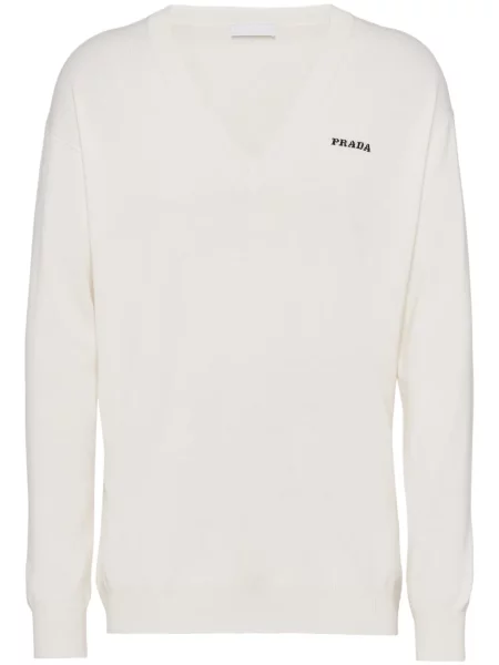 Sweter Prada z kaszmiru z dekoltem w serek biały