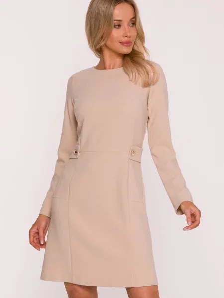 Lung rochie mini Stylove cu mâneci lungi în linie A bej