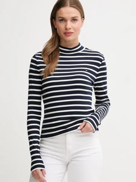 Блуза с дълги ръкави Tommy Hilfiger с ниско поло тъмносиньо