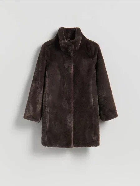 Reserved Płaszcz z imitacji futra ciemnobrązowy