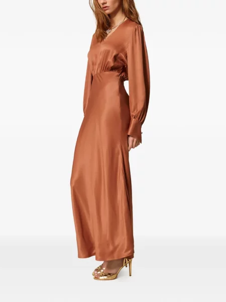 Rochie maxi Twinset din satin lungă de costum maro
