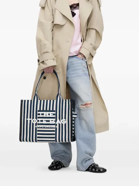 Geantă Marc Jacobs cu dungi din canvas mari albastru