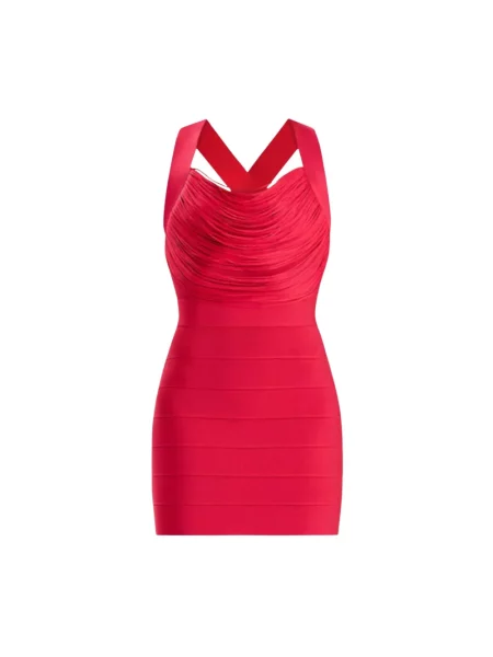 Sukienka mini Hervé Léger z frędzli drapowana czerwona