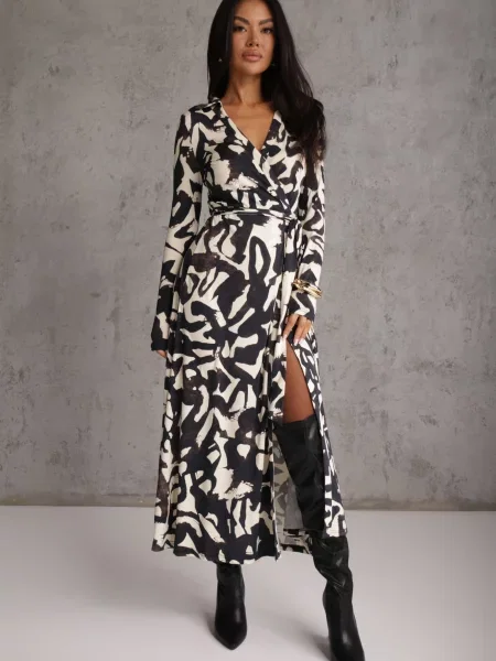 Rochie din vâscoză cu model geometric cu decolteu în V Gintta neagră