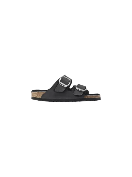Klapki Birkenstock na sprzączkę z owczej skóry czarne
