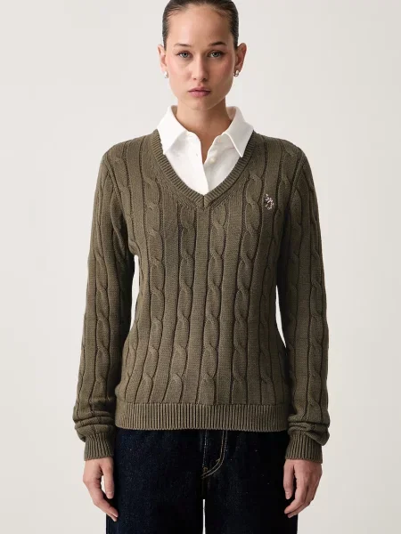 U.S. Polo Assn. sveter dámsky V-NECK CABLE zelená