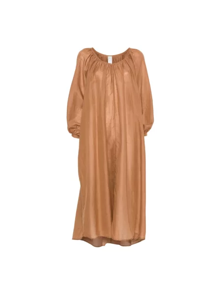 Sukienka maxi 120% Lino z falbankami brązowa