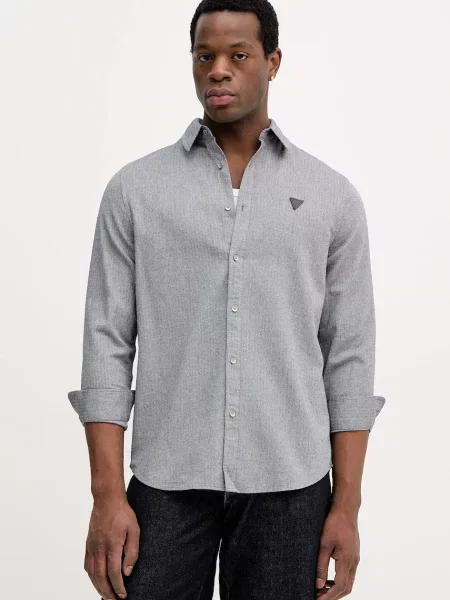Košile Guess HERRINGBONE regular s klasickým límcem šedá