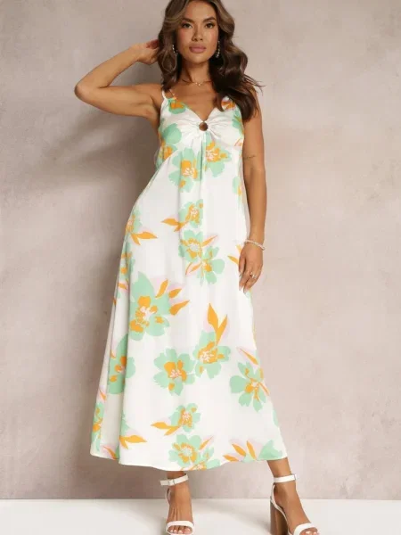 Rochie Maxi Satin Verde-Albă cu Imprimeu Floral și Detaliu la Decolteu Benna alb