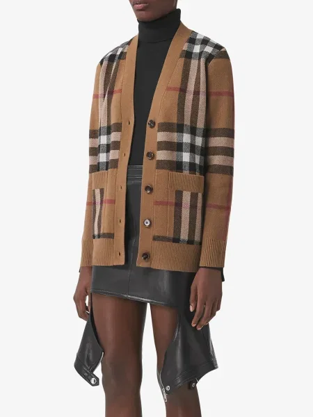 Cardigan Burberry de lână în carouri maro