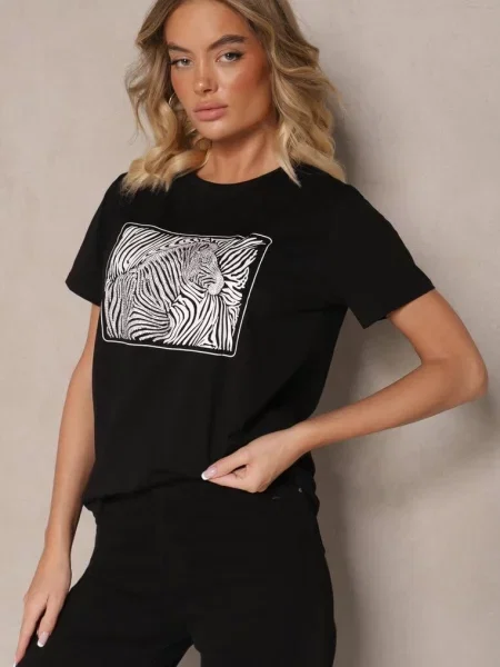 T-shirt Oversize z Nadrukiem Imitującym Zebrę Nalornis czarny