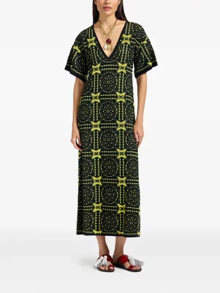 Rochie midi La Doublej cu broderie cu imprimeu geometric până la genunchi verde