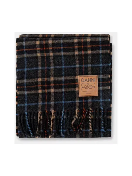 GANNI szalik wełniany Double Face Wool Check szary wzorzysty czarna