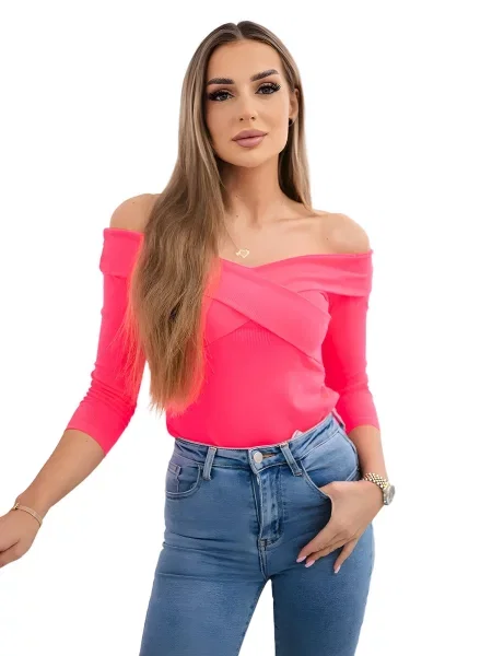 Neonová halenka s výstřihem do V růžová