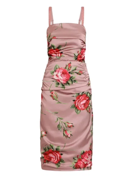 Rochie midi Dolce & Gabbana cu model floral cu volane până la genunchi roz