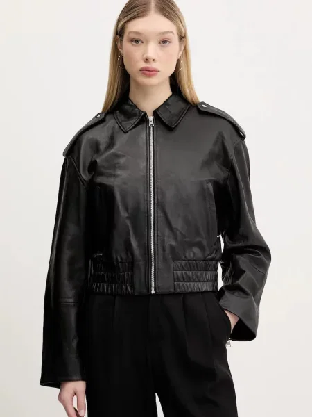 HUGO kurtka skórzana przejściowa oversize czarny