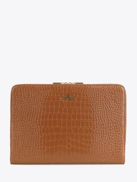 Skórzana torba na laptopa z tłoczeniem croco koniak