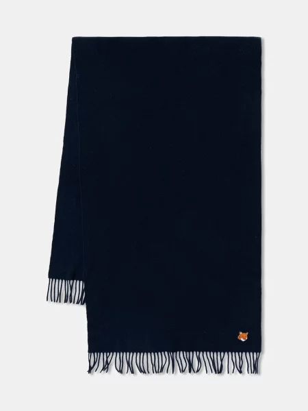Maison Kitsuné szalik wełniany Fox Head granatowy gładki niebieska